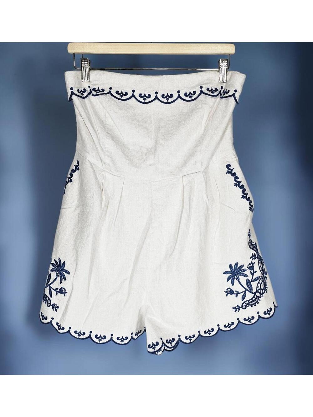 Caroline Constas White Navy Embroidered Linen Strapless Romper-XS No Belt/Straps - Picture 5 of 11